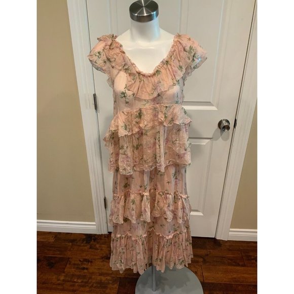 Ulla Johnson Pink Sheer Silk Floral Print Ruffle Top & Maxi Skirt Set Size 4